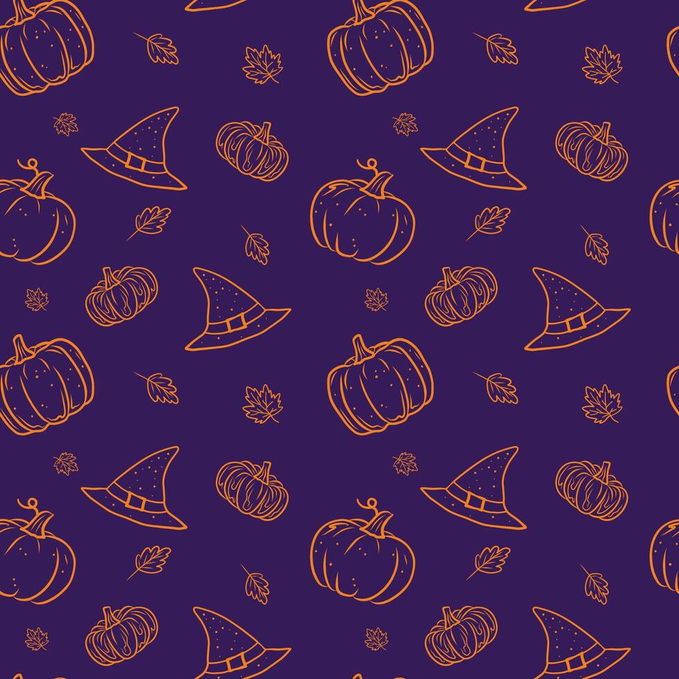Halloween pumpkins and witch hats seamless pattern on dark background. vector