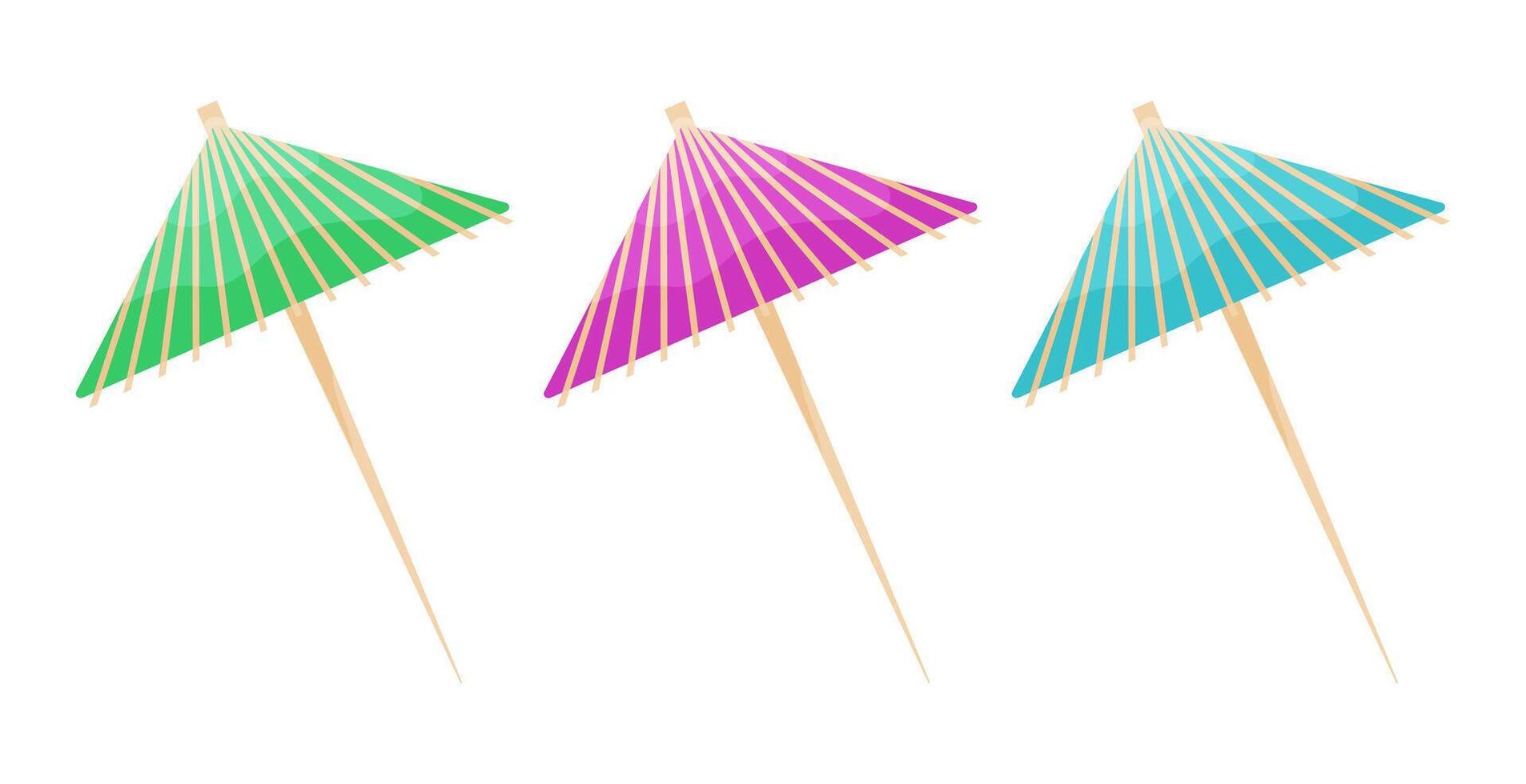 Three colorful cocktail umbrellas in a minimalist flat style, tropical parties vector