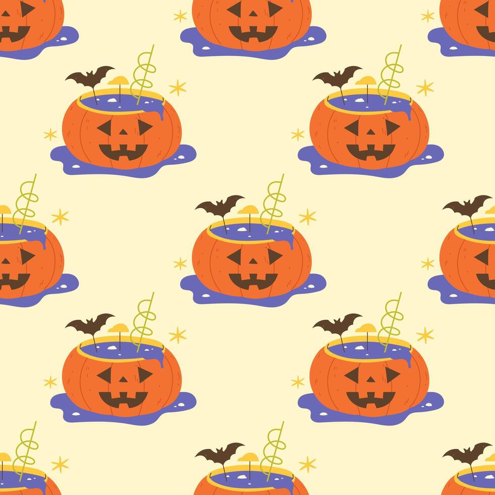 Seamless Halloween pattern with a cocktail straw in a pumpkin vector