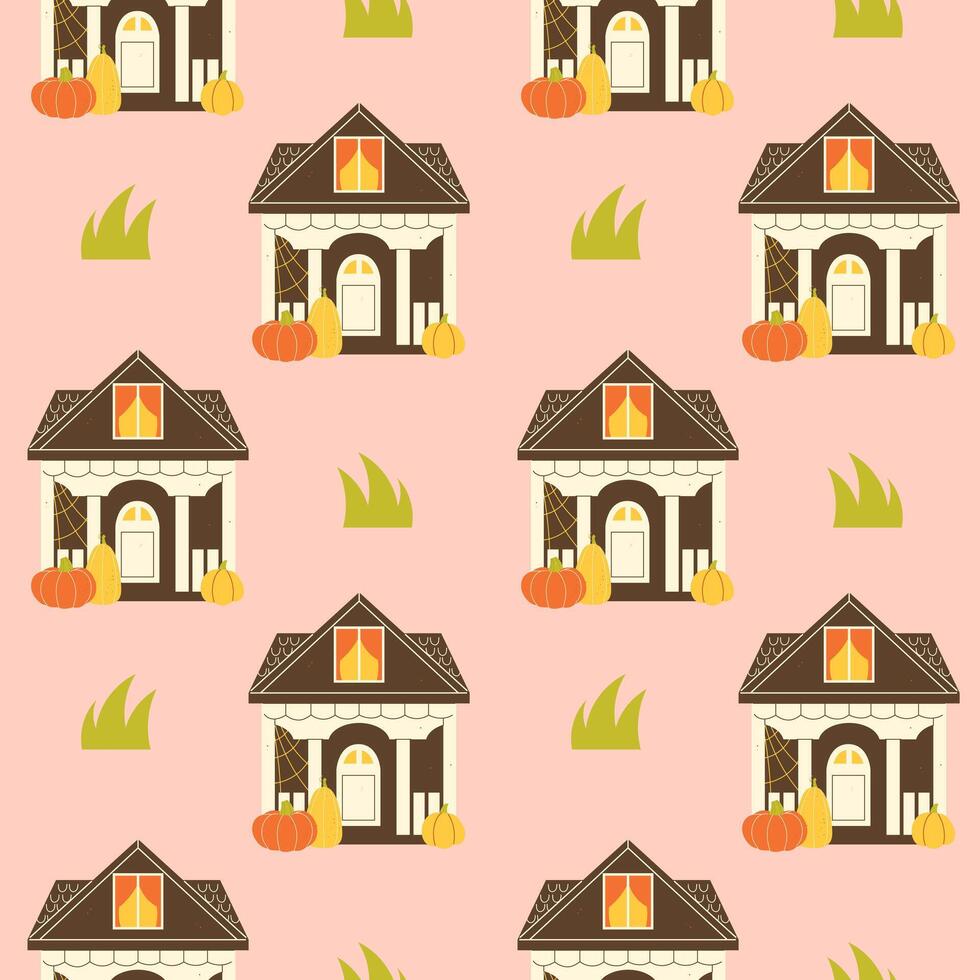 Seamless pattern with a cute Halloween house with pumpkins and cobwebs vector