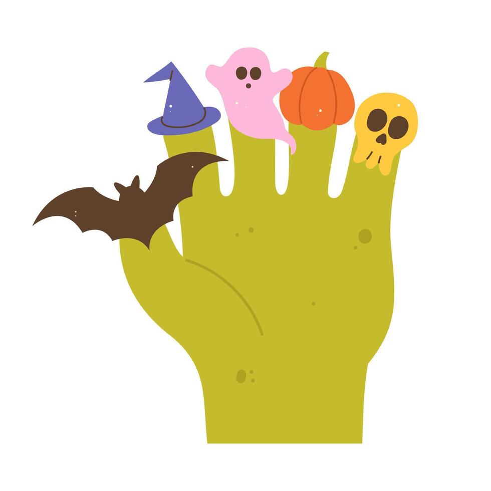 Playful flat illustration of a zombie hand with cute Halloween finger puppets vector
