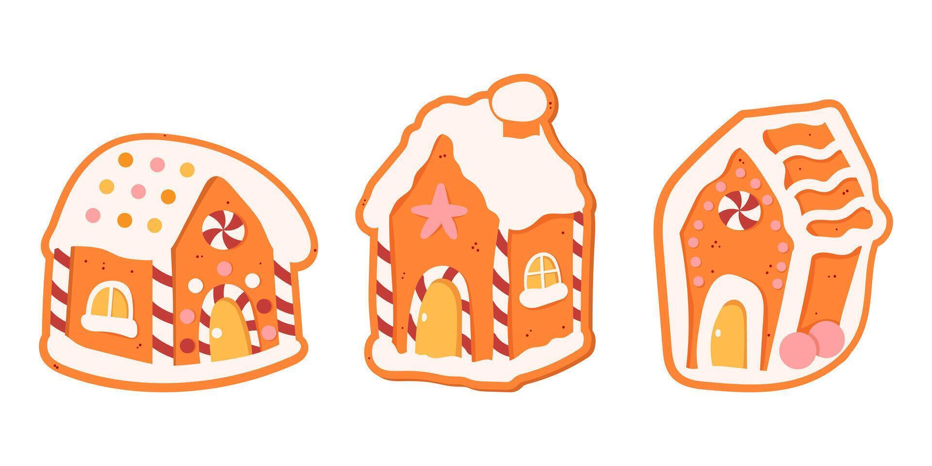 Flat illustration of 3 gingerbread houses decorated with icing and candies vector