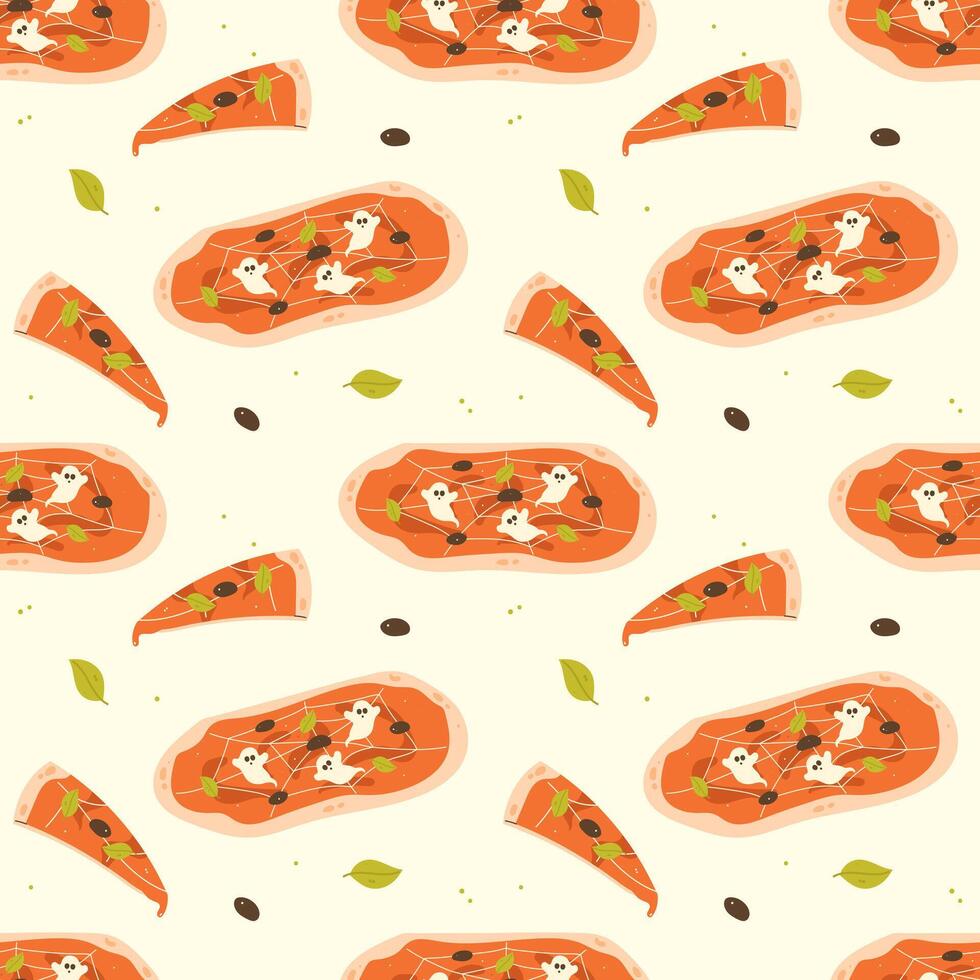 Colorful pizza pattern with ghostly toppings vector