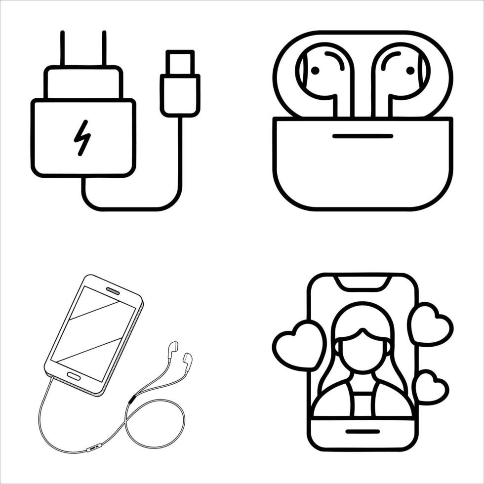 Mobile Technology Outline Set Featuring Smartphone Wireless Earbuds Charger And Social Media Image vector