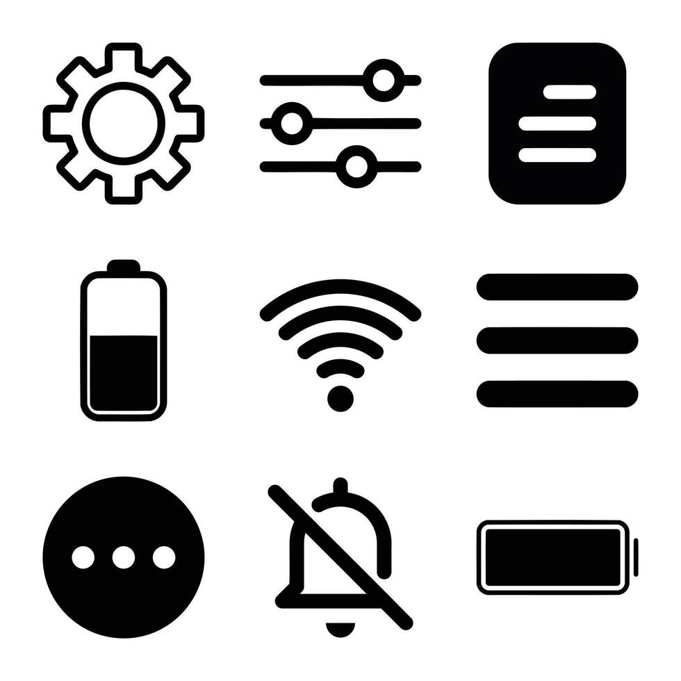 Collection Of Black And White Mobile App Icons Representing Various Functions And Settings vector
