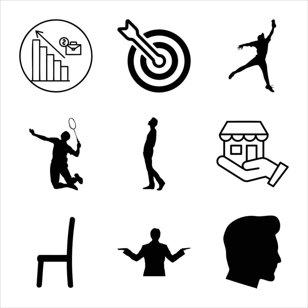 Set Of Business And Lifestyle Icons Representing Goals Success And Achievements With Black Silhouette vector