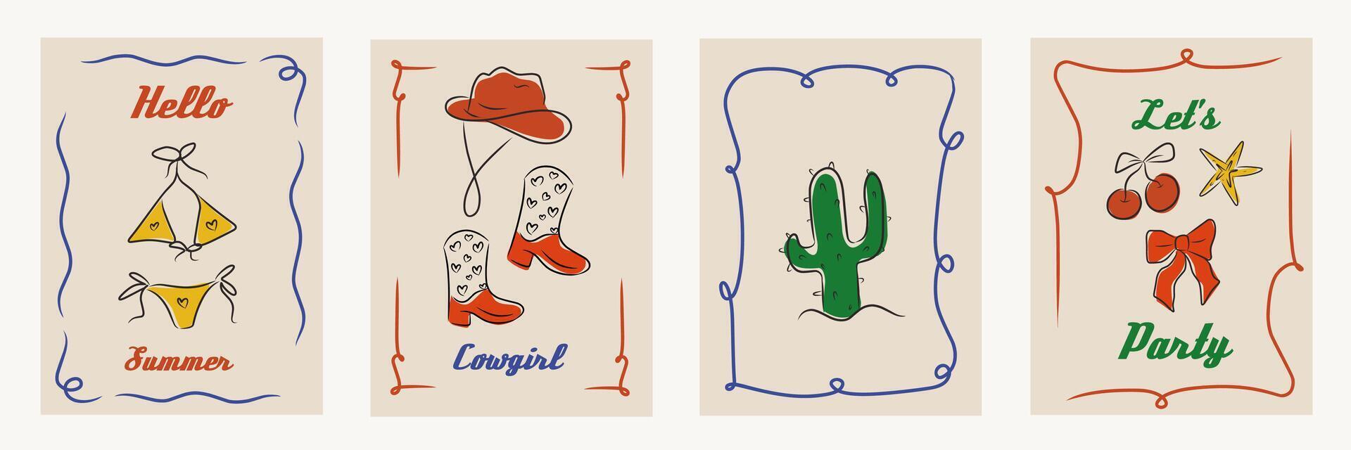 Hand drawn cowgirl coquettish illustration set, retro western bachelorette hand drawn party, ribbon, bow. Minimalist Line art. Whimsical style poster, invitation, social media, printables collection. vector