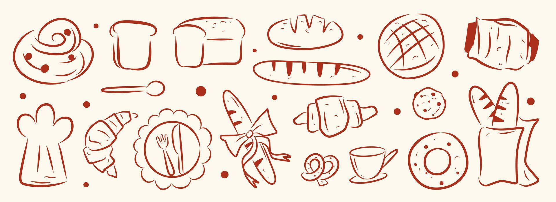 Bakery goods isolated collection. Line art outline elements of croissant, bread, cake, muffin, donut. hand drawn sketch illustration. For menu design, logo template. Set of food cute doodle. vector