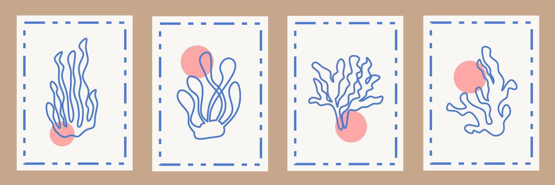 Abstract modern posters with outline coral. Contemporary print, nature themed, irregular chaotic shapes. Retro wall decor paintings with floral, seaweed, coastal. Summer illustration card collection. vector