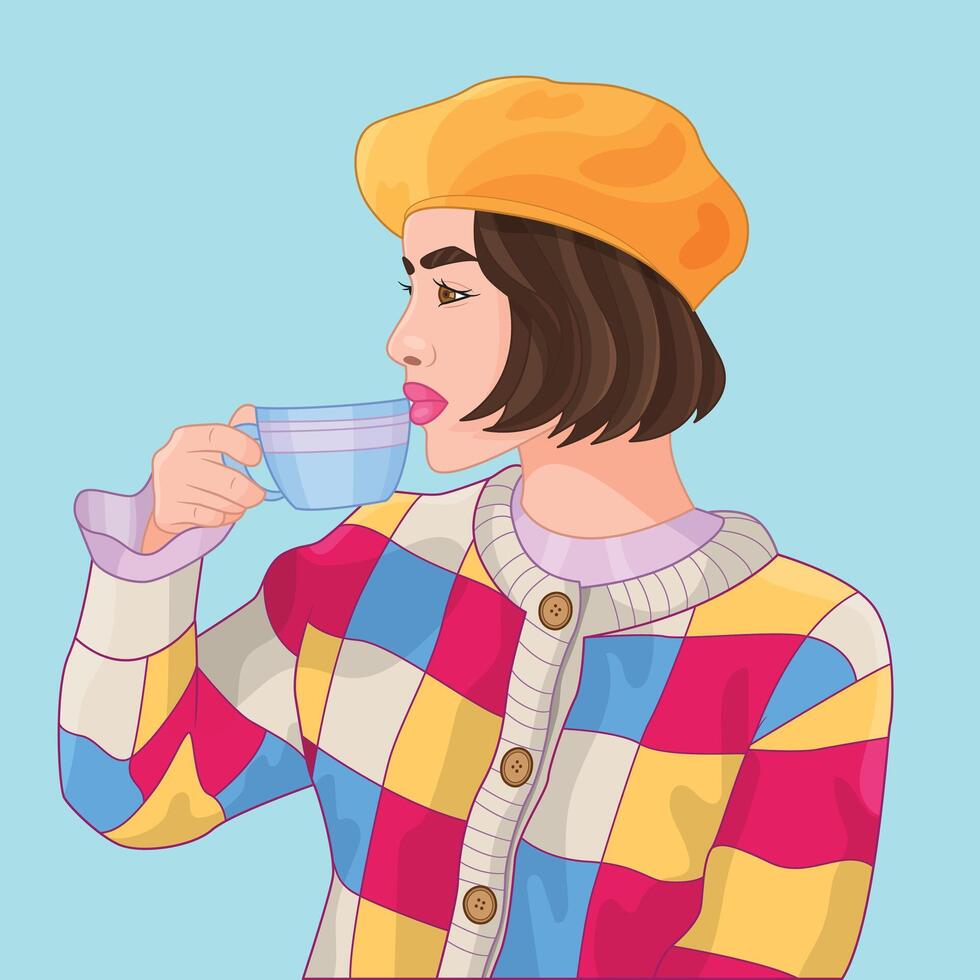 woman in beret with cup of coffee vector