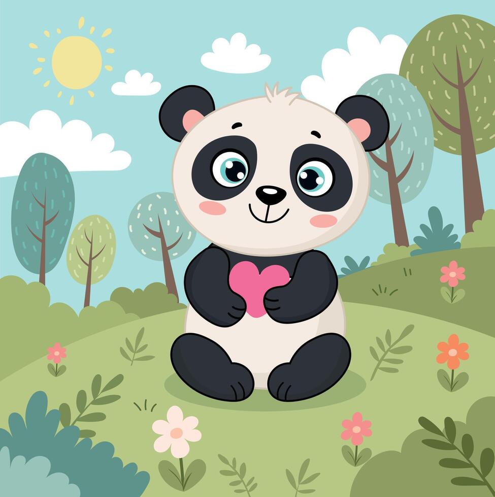 Cute panda in the forest vector