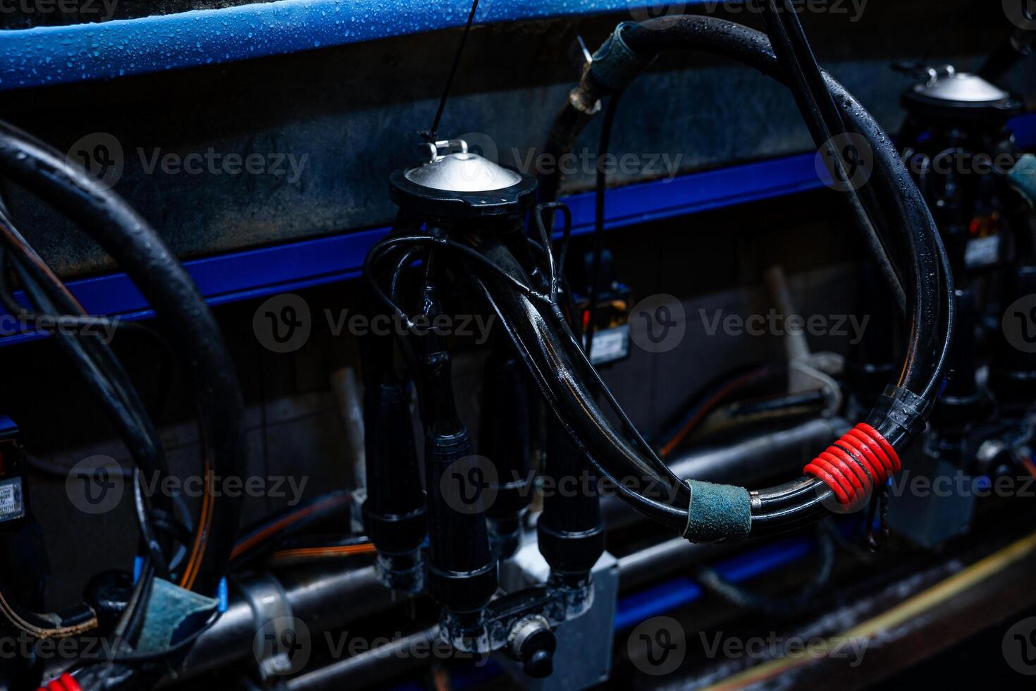 Milking machine setup with black rubber hoses, metal parts, blue piping, and a red band on a hose against a dark industrial backdrop. photo