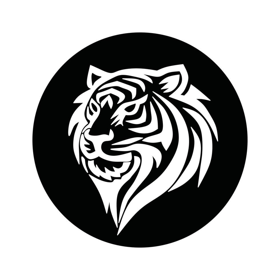 Tiger head logo in black circle background, featuring bold tribal line art, used in mascot design, tattoos, branding, and wildlife concepts. vector