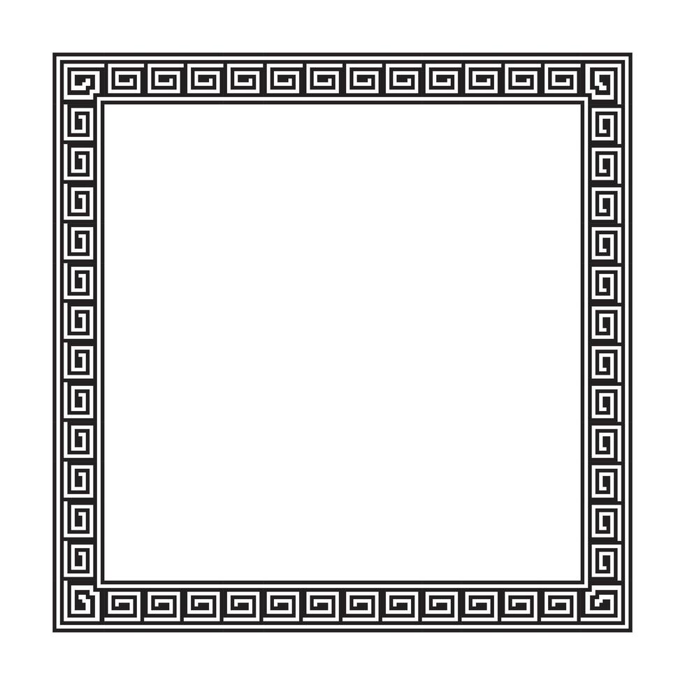 geometric design with a square Greek key border in black on white, featuring traditional symmetry ideal for label design, vintage packaging, logo decoration, and certificate layouts. vector