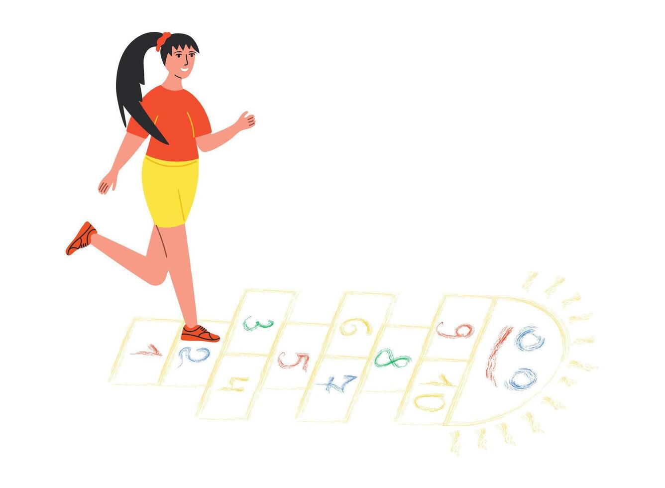 Teenage girl playing hopscotch jumping on squares drawn on the sidewalk asphalt vector