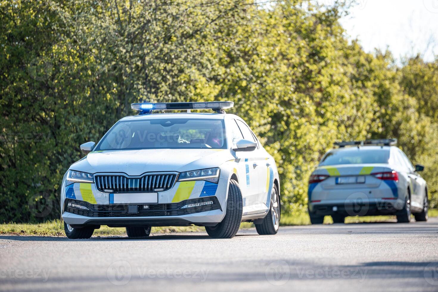 Two marked police vehicles with roof mounted light bars are parked on a paved road, surrounded by trees and vegetation in an outdoor setting. photo