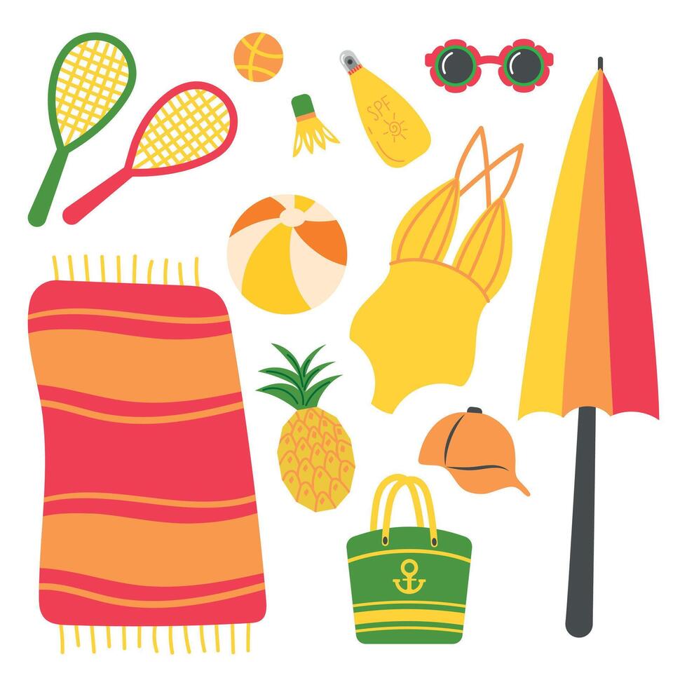 Summer beach essentials and accessories vector