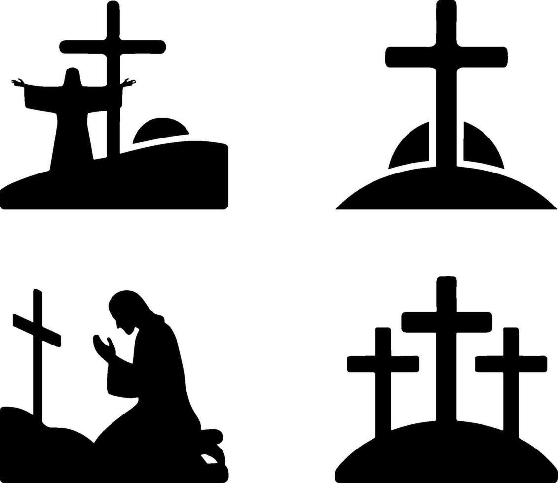 Christian Cross Hill Jesus Praying Religious Symbol Set vector
