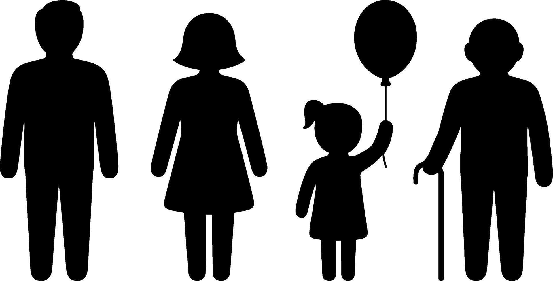 Silhouette Family Set Adults Child Balloon Elderly Cane vector