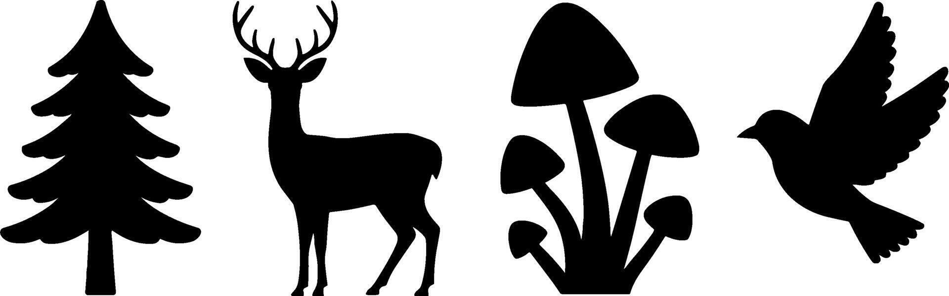 Forest Tree Deer Mushroom Bird Wild Nature Silhouettes vector