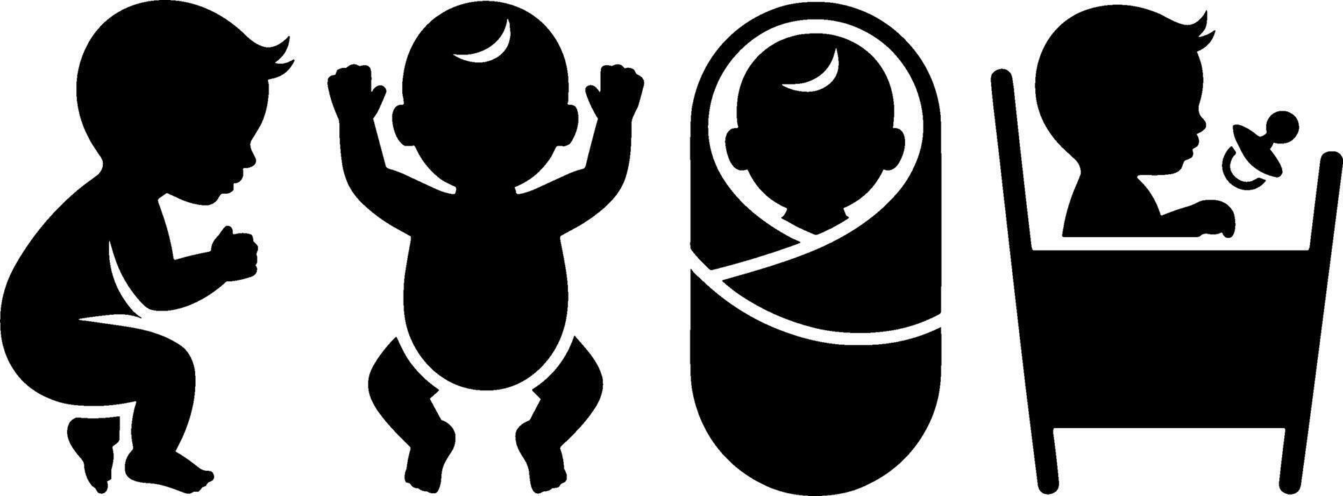 Baby Silhouettes Sitting Standing Swaddled and Crib Concept vector