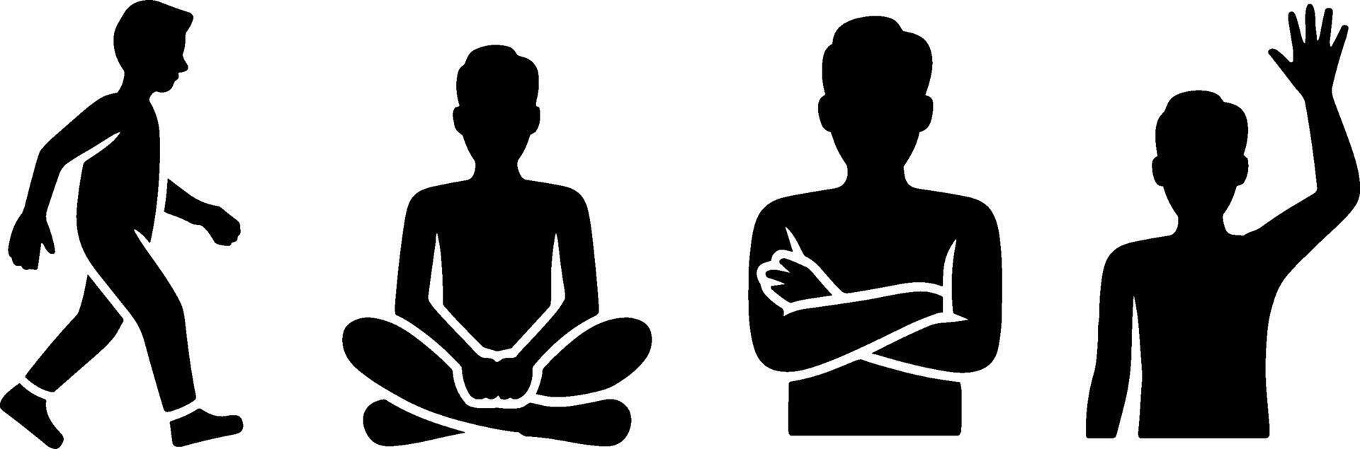 Silhouette Boy Walking Sitting Meditating Waving Poses vector