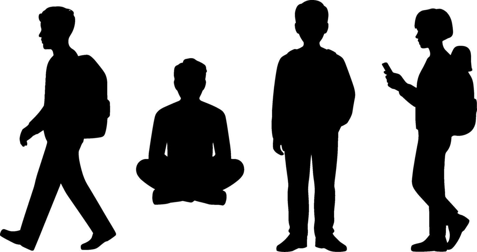 Silhouette Teen Students Walking Sitting Using Phone with Backpacks vector
