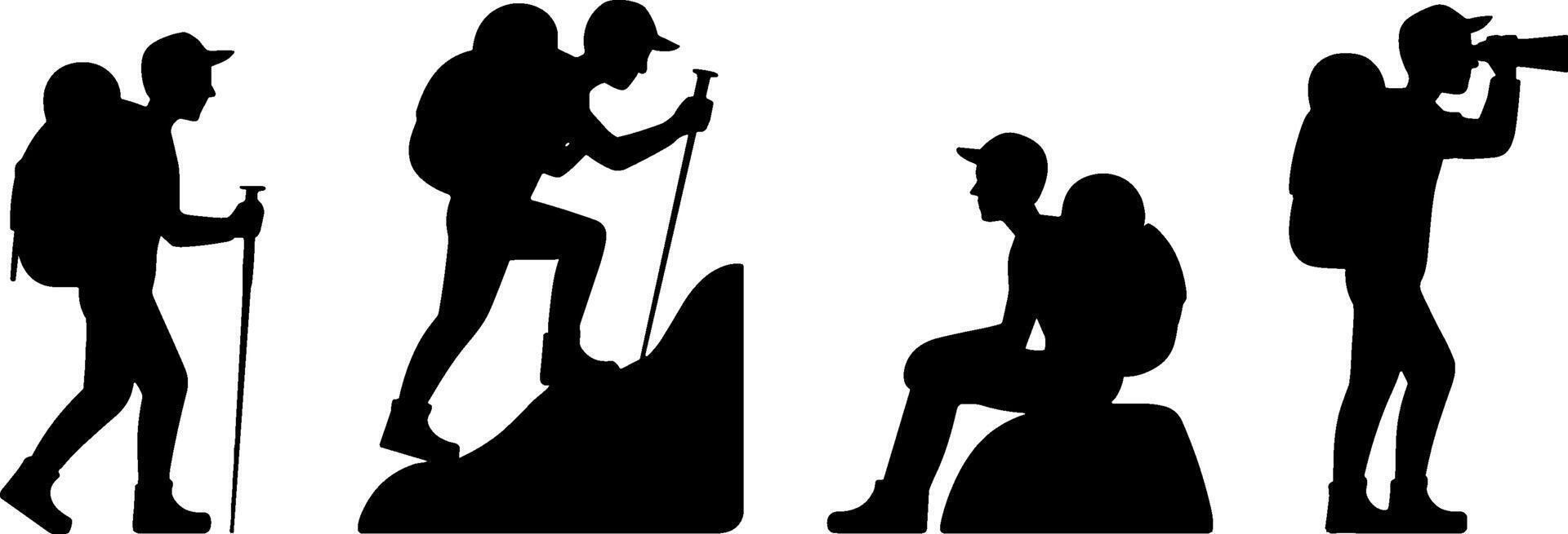 Hiker Silhouettes Climbing Resting Observing Outdoor Adventure vector