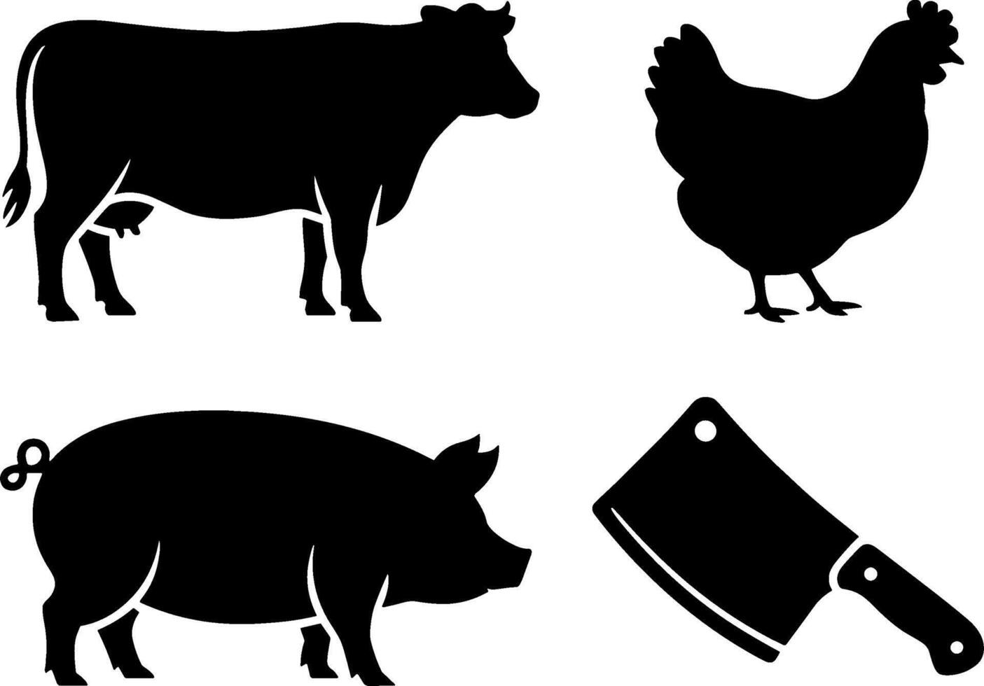 Farm Animal Silhouettes Cow Pig Chicken Butcher Knife Set vector