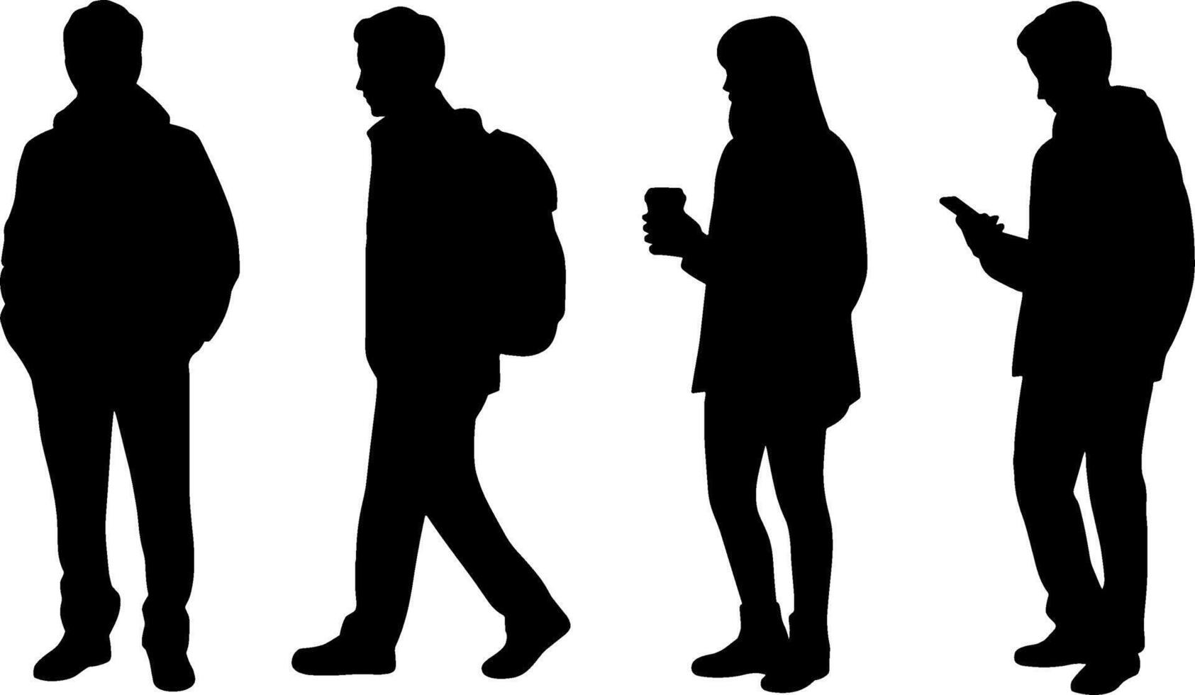 Silhouette People Standing Walking Drinking Coffee Using Phone vector