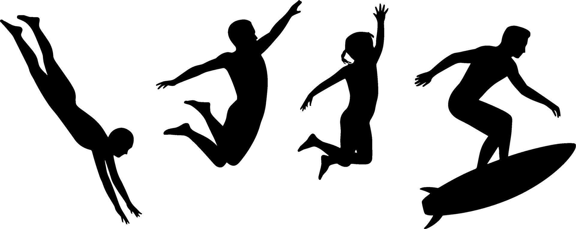 Silhouette People Jumping Diving Surfing Summer Fun Activity vector
