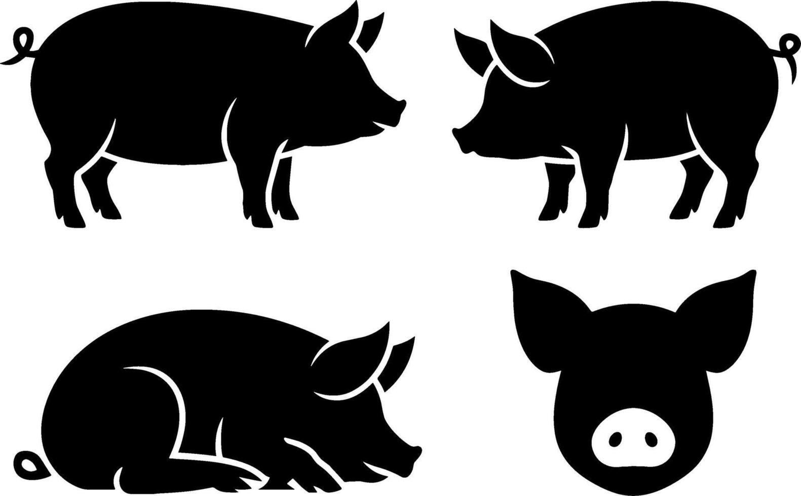 Black Silhouette Pig Set Farm Animal Pack vector