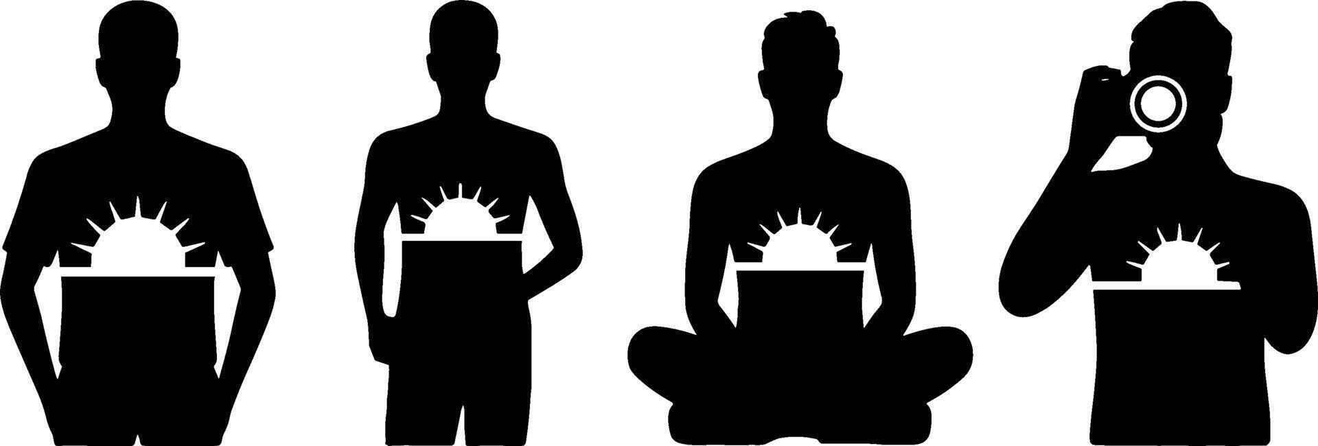 Person Using Laptop and Camera with Sunrise Symbol Meditation and Work Concept vector