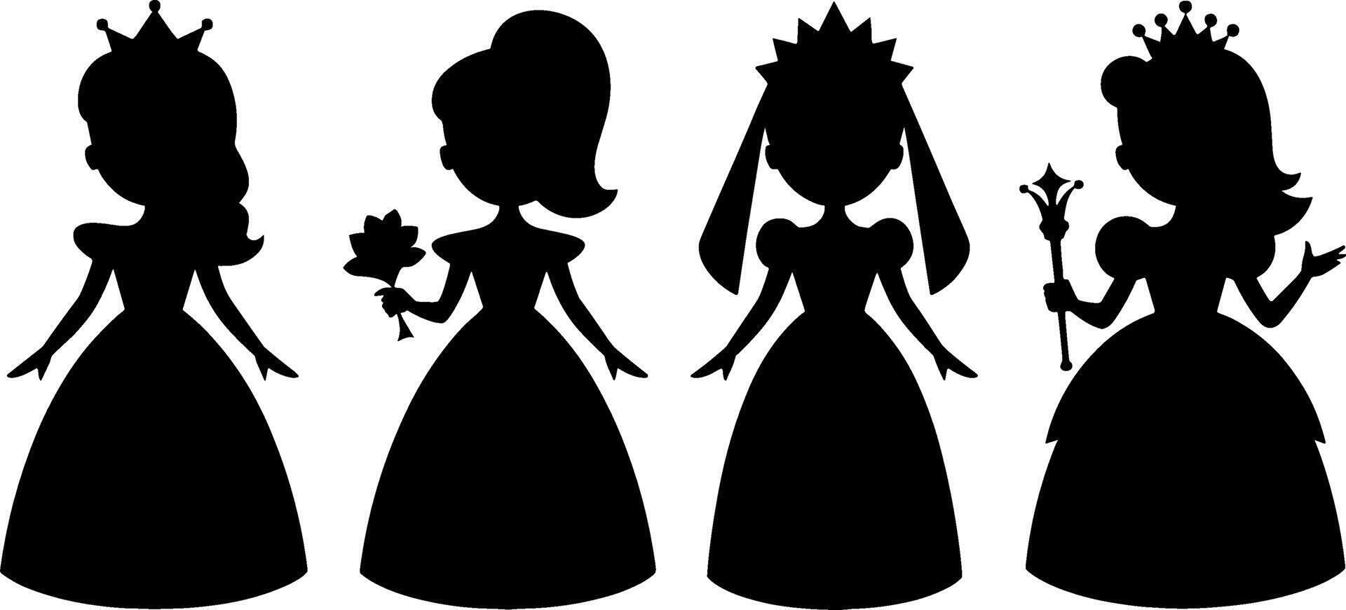 Princess Silhouette Set Four Female Royalty Figures Fairy Tale Theme vector