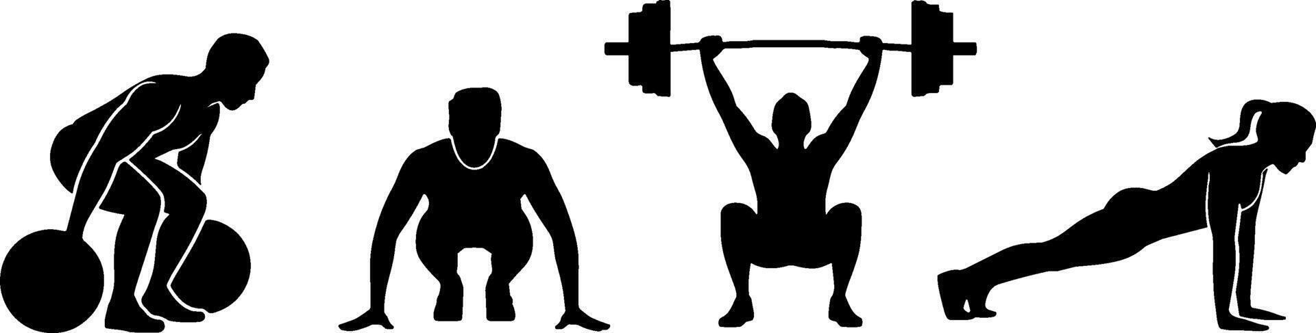 Crossfit Workout Silhouettes Weightlifting Squat Pushup Fitness Training vector