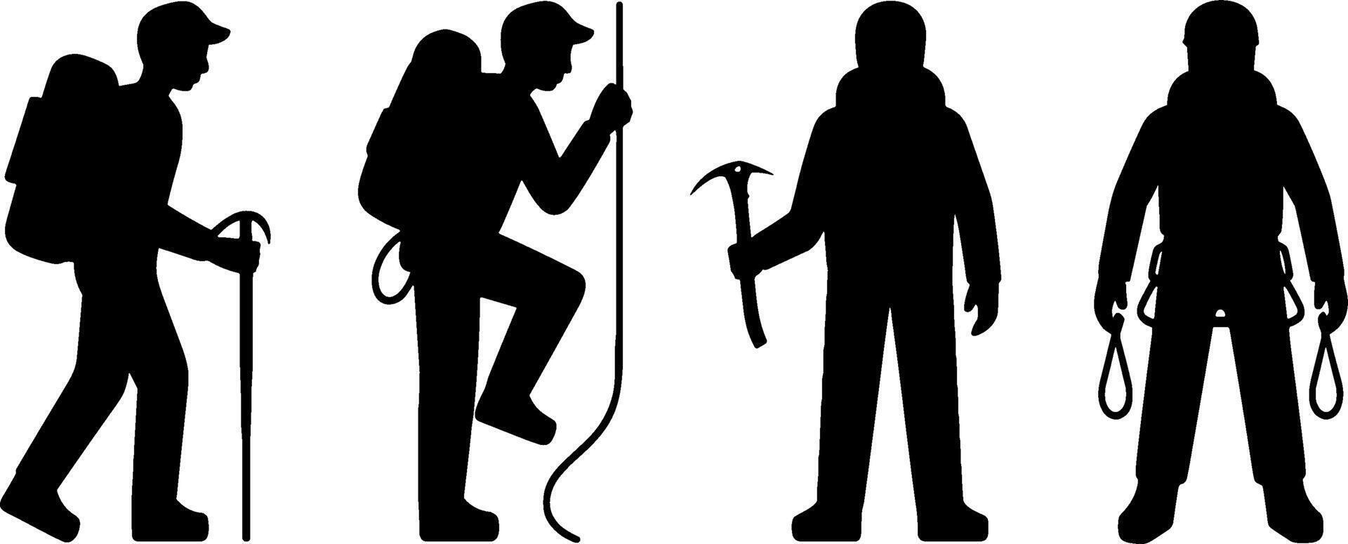Mountain Climber Silhouettes Hiking Climbing Gear Set vector