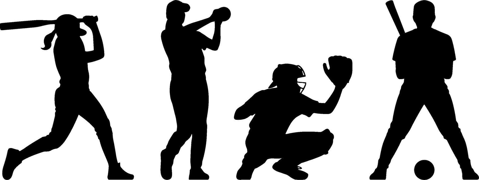 Baseball Players Silhouettes Batting Catching Pitching Running vector