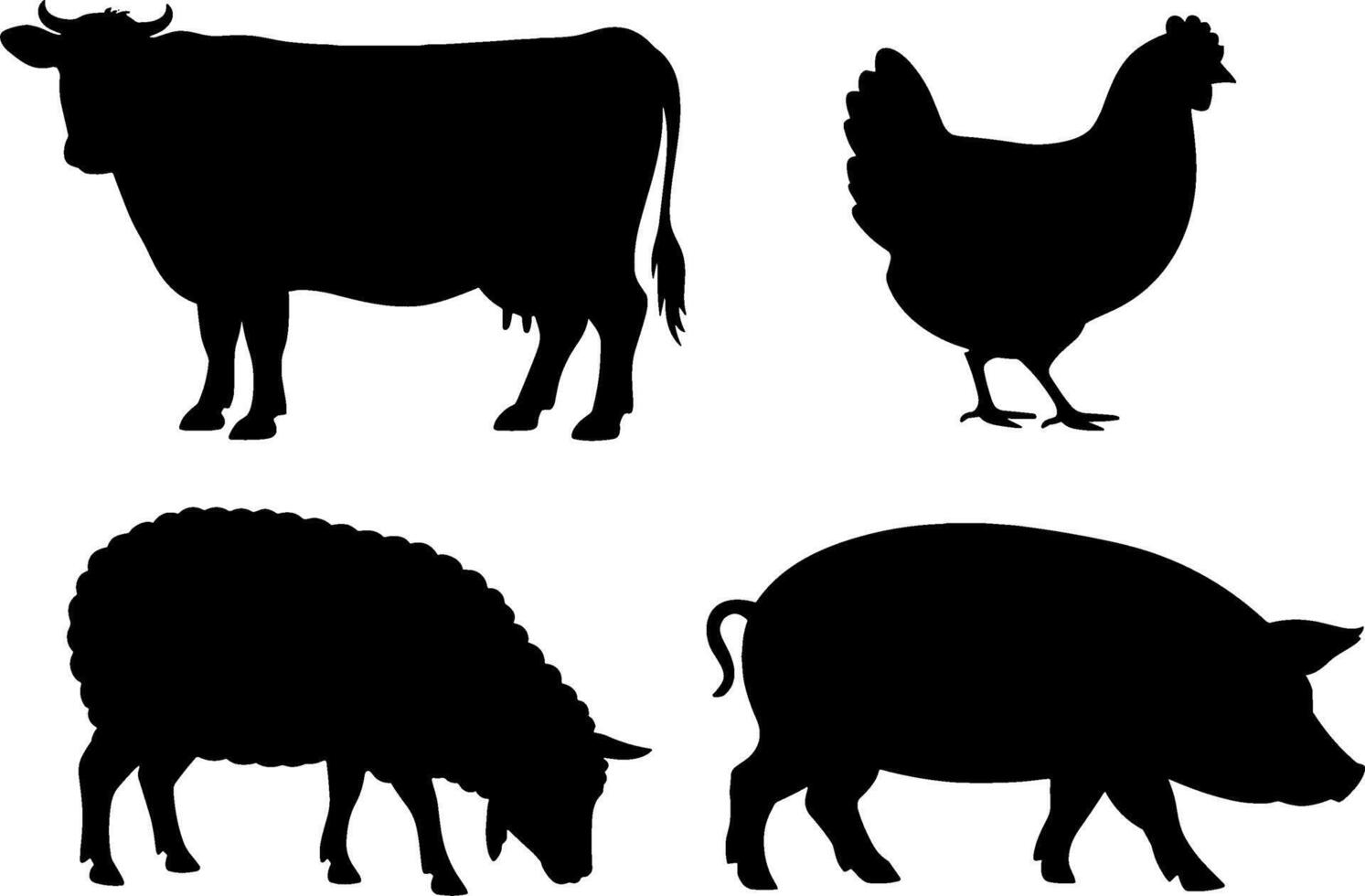 Farm Animal Silhouettes Cow Chicken Sheep Pig Set vector