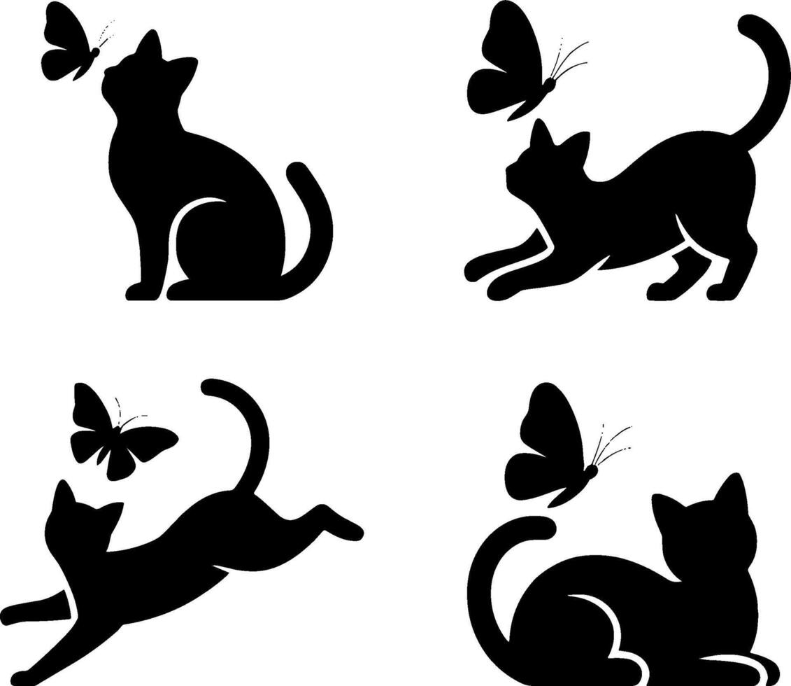 Playful Cat Silhouettes Chasing Butterfly Set Animal Interaction vector