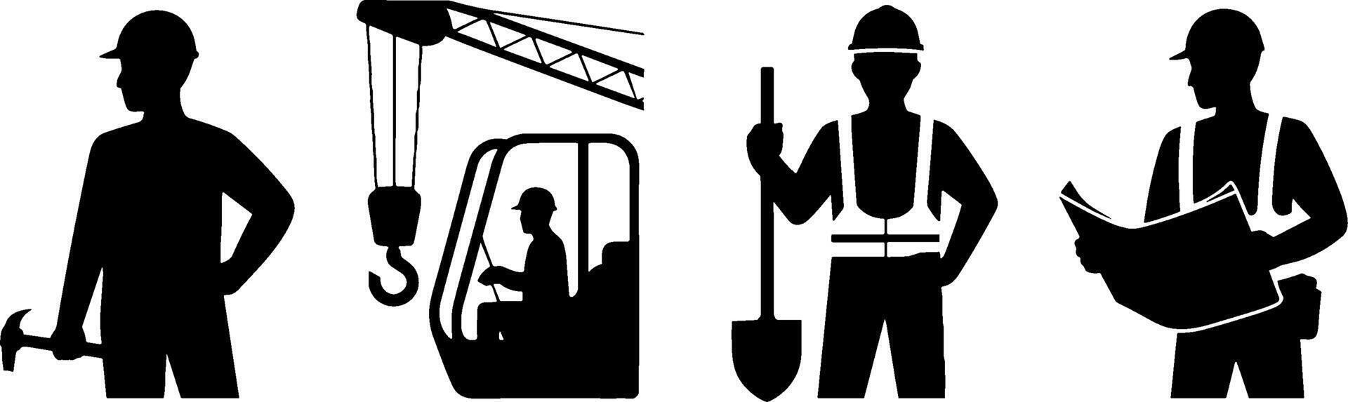 Construction Worker Silhouettes Safety Helmet Tools Equipment vector