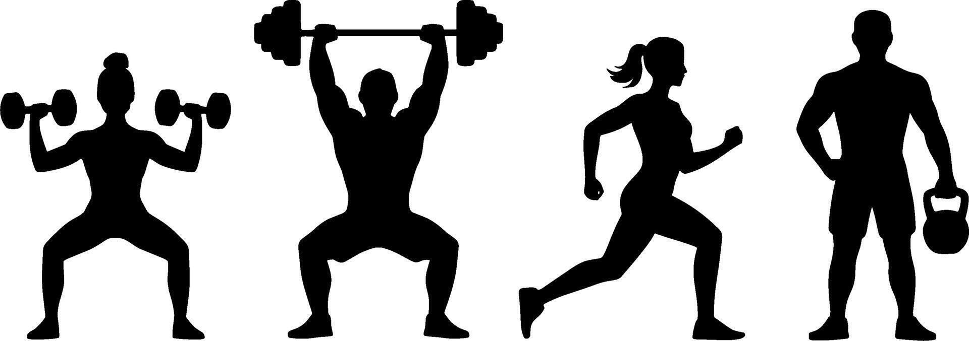 Fitness People Weightlifting Running Kettlebell Exercise Silhouettes vector