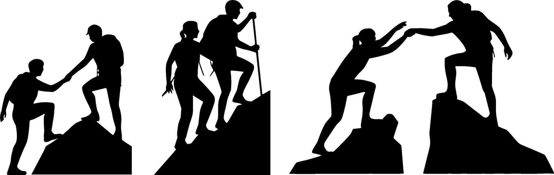 Silhouette Hikers Helping Climb Mountain Outdoor Adventure Teamwork vector