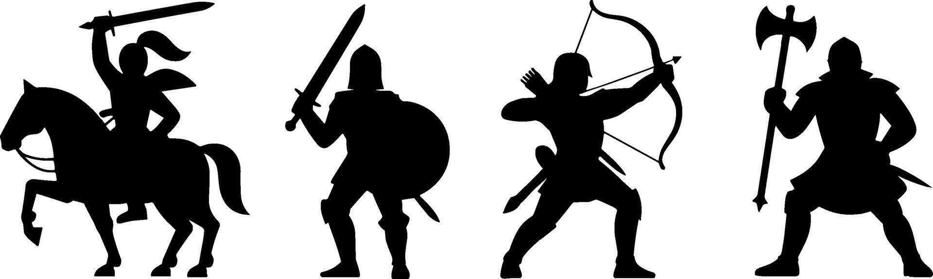 Medieval Warrior Silhouettes Knight Horse Archer Battle Set vector
