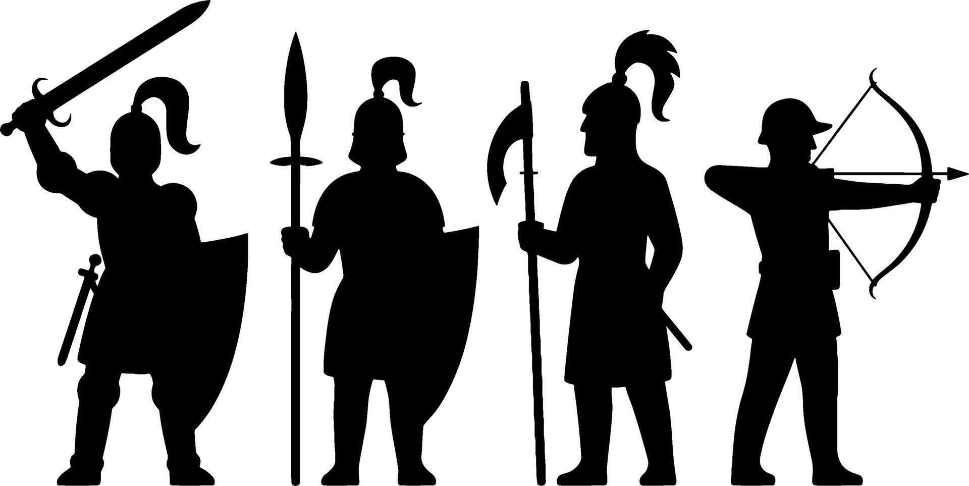 Medieval Soldiers Silhouettes Armed Warriors Ancient Battle Figures vector