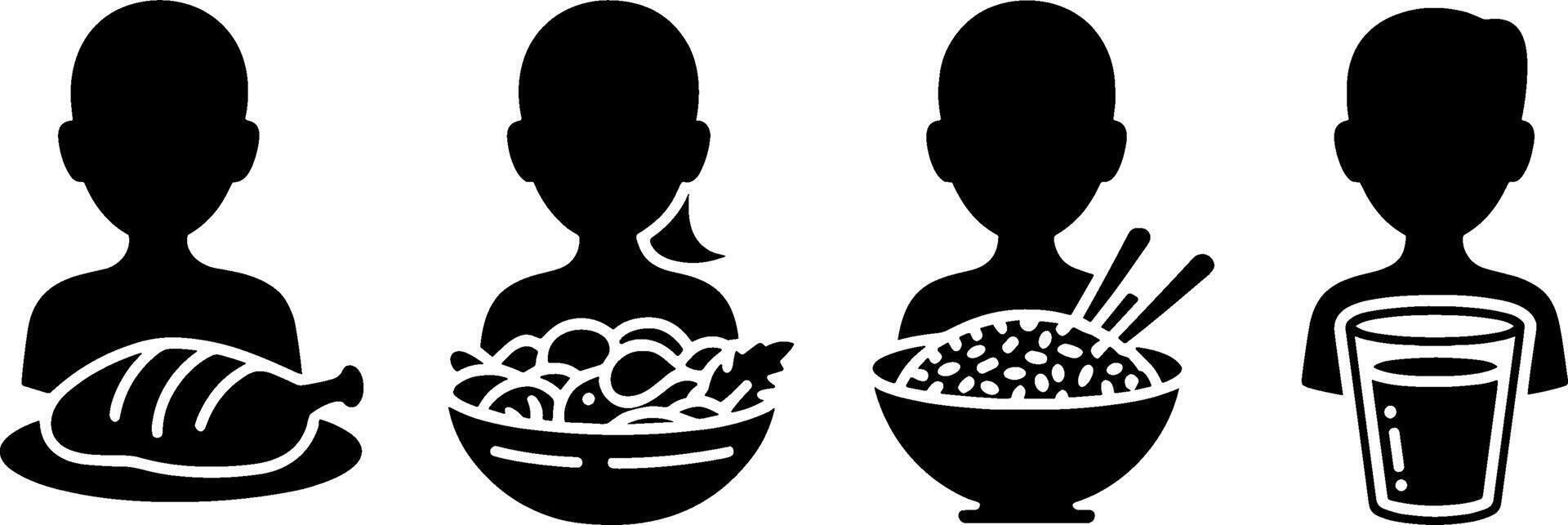 Silhouette People Eating Meat Seafood Rice Drinks Set vector