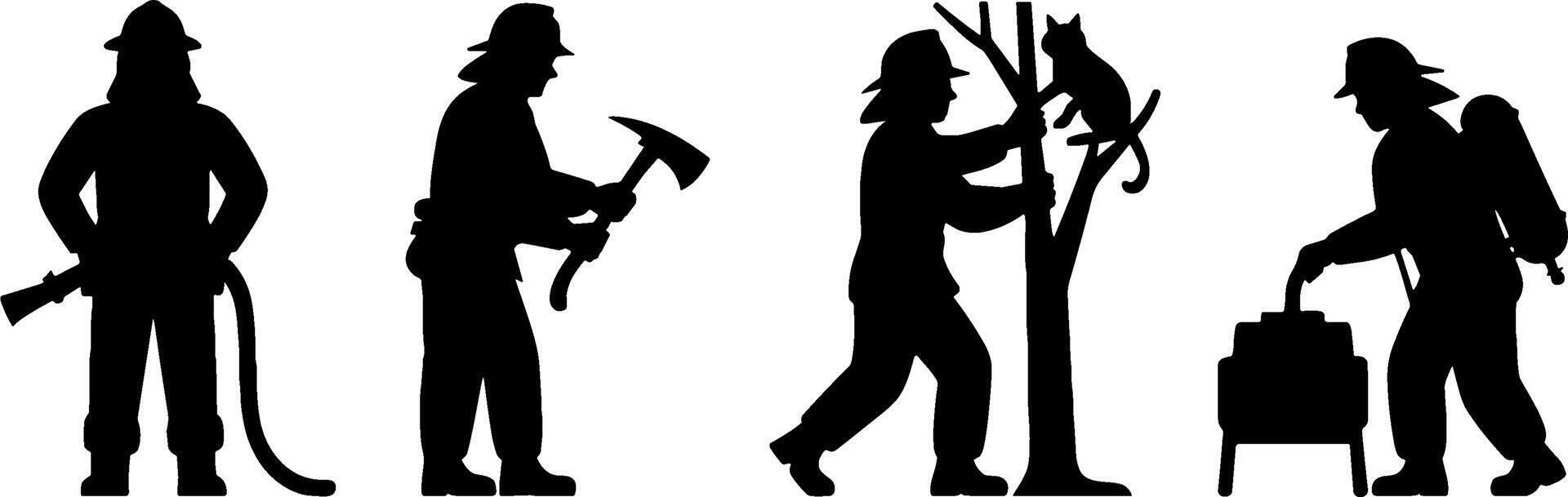 Firefighter Silhouettes Rescuing Cat Holding Axe Safety Equipment vector