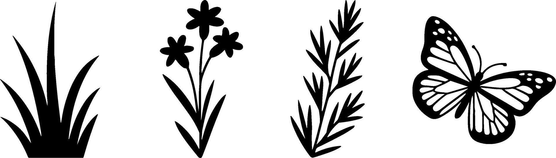 Black Silhouette Grass Flower Herb Butterflys Set vector
