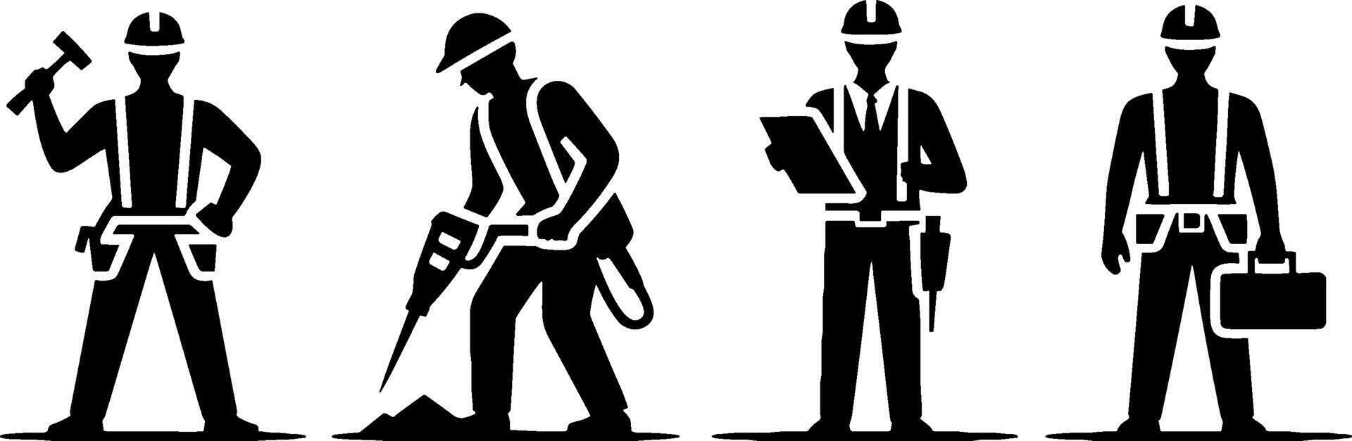 Construction Workers Holding Hammer Drill Blueprint Briefcase Safety Gear vector
