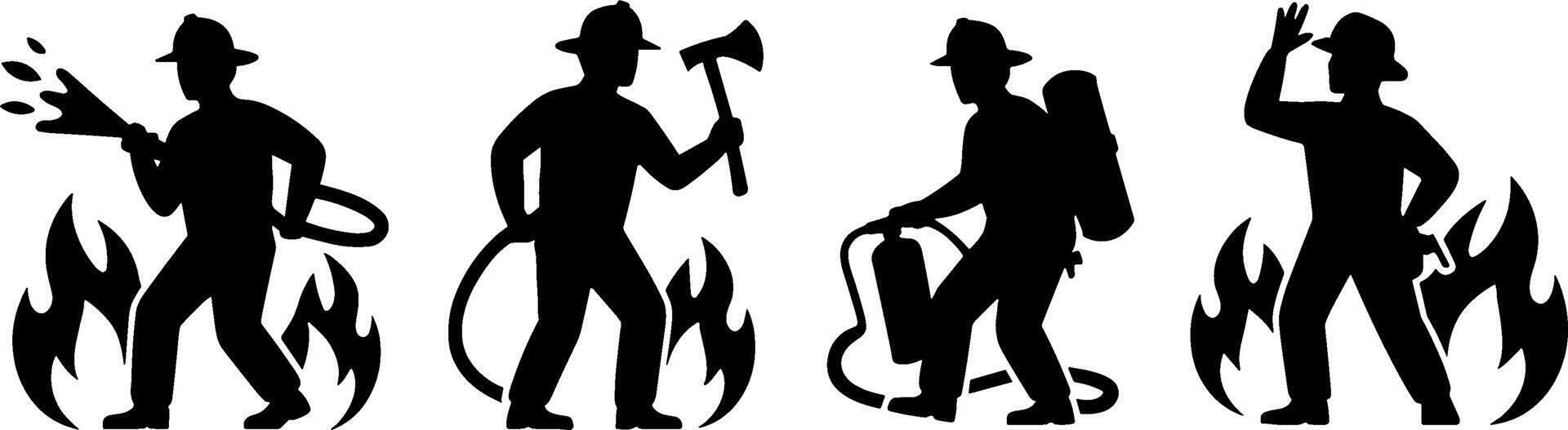 Firefighter Silhouettes Fighting Fire Extinguisher Axe Safety vector