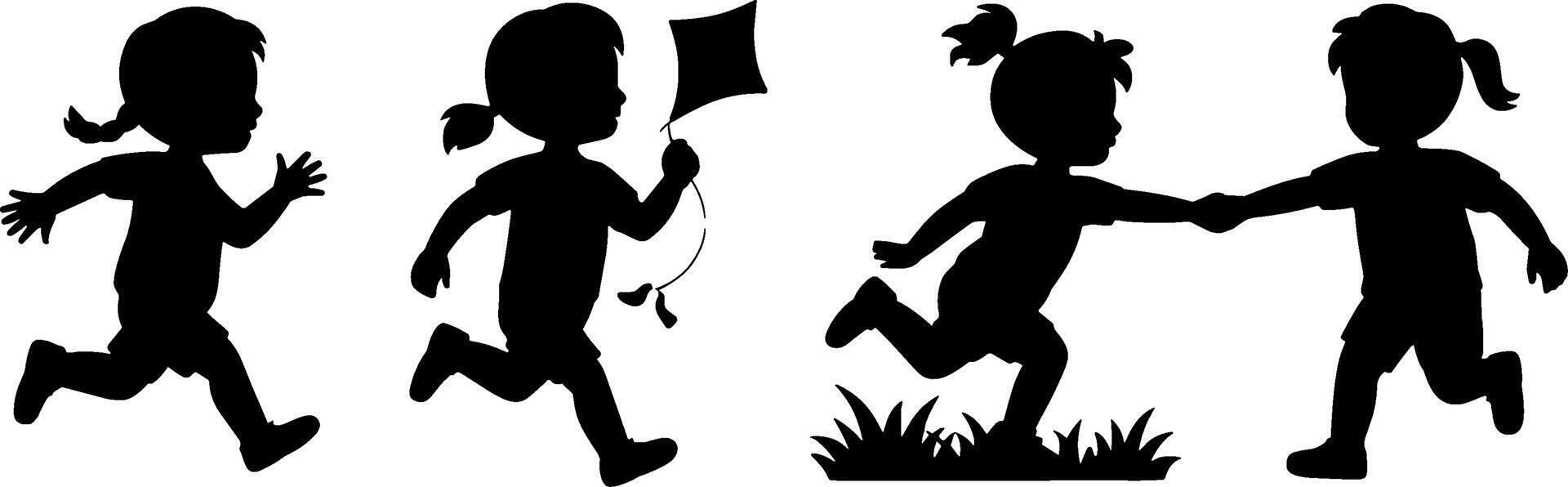 Child Silhouettes Running Playing Holding Hands Outdoor Activity vector